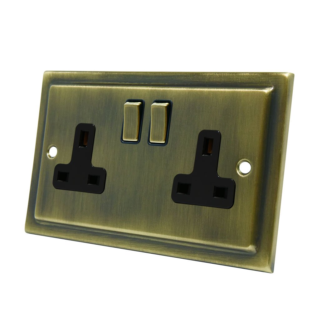AET VAB2GSOCBB Victorian Antique Brass 2 Gang Socket-13 Amp Double Electrical Plug Socket, 250 V