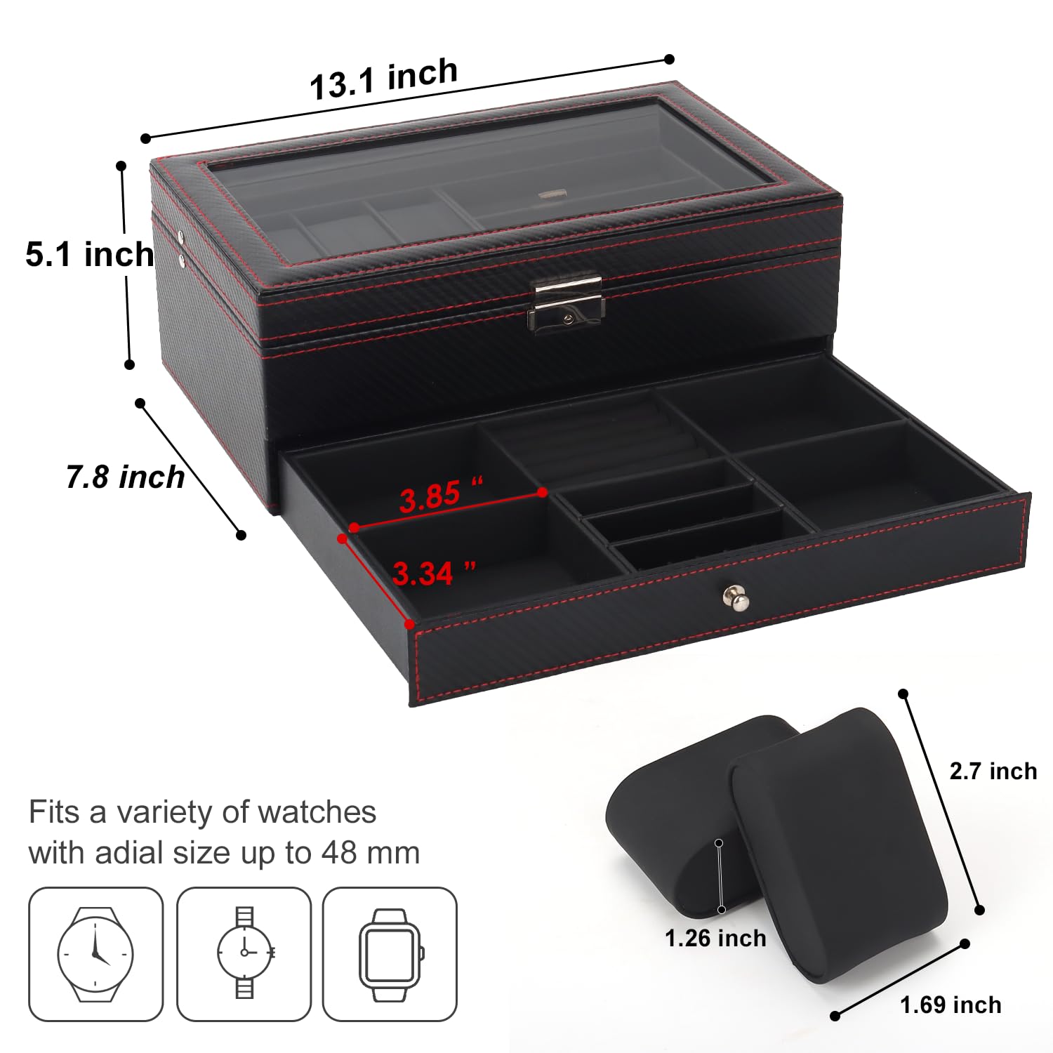 Watch Box, Leather Mens Jewelry Box With 6 Slot Watch Case & 3 Slot Sunglasses Organizer, 2 Layers Lockable Watch Holder Organizer With Glass Lid For Earrings, Rings, Bracelets, Gifts for Men