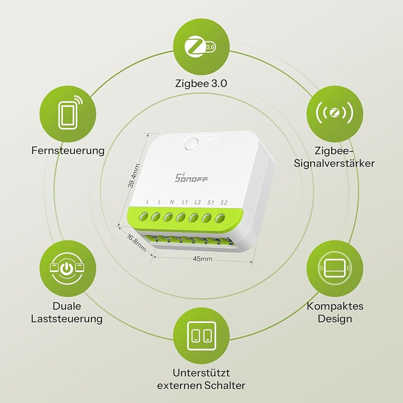 MINI Duo 2-Kanal Zigbee Smart-Schalter, Zigbee 3.0, 16A Gesamtlast, Fernsteuerung über Zigbee Hub, Neutralleiter erforderlich, kompatibel mit Alexa/Google, 2er-Pack