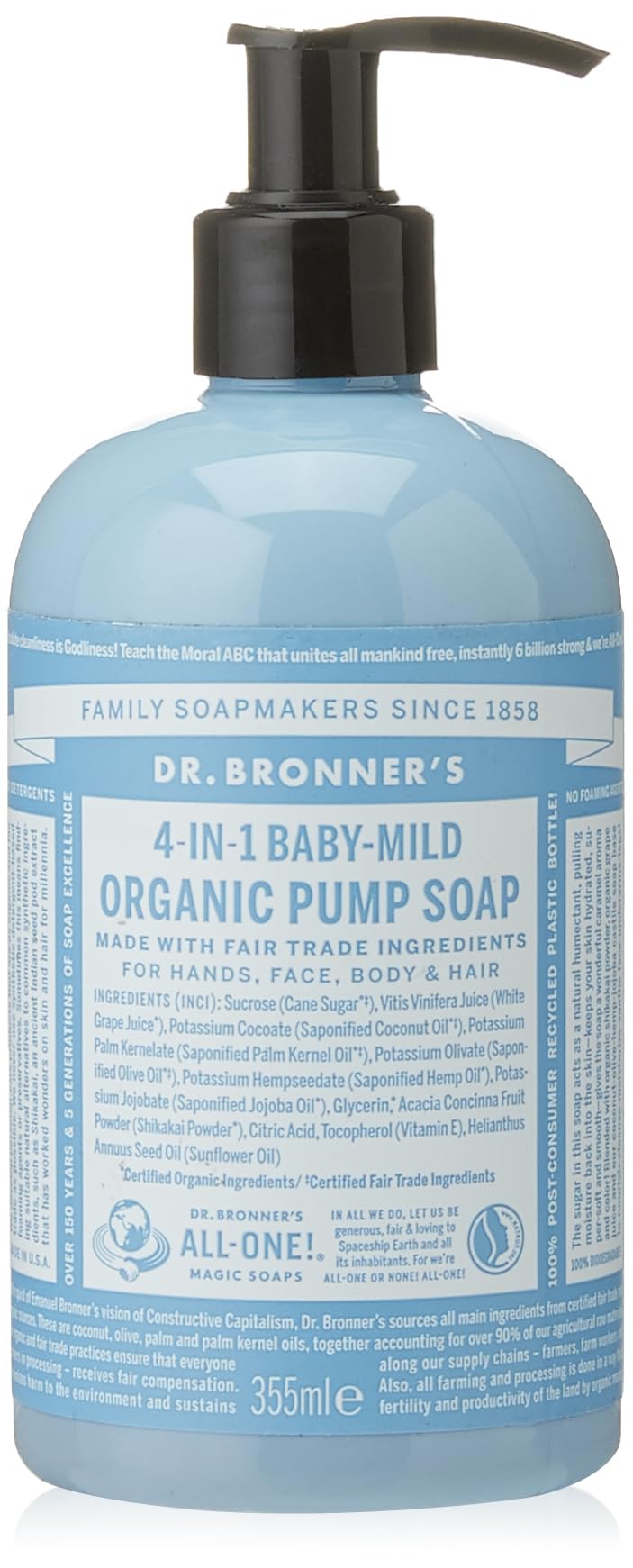 Dr Bronner’s 4-in-1 Organic Unscented Baby Sugar Soap, Made with Organic Oils, Sugar Shikakai Powder, For Hands, Body, Face & Hair, Fair Trade Certified & Vegan Friendly, 335ml Recycled Pump Bottle
