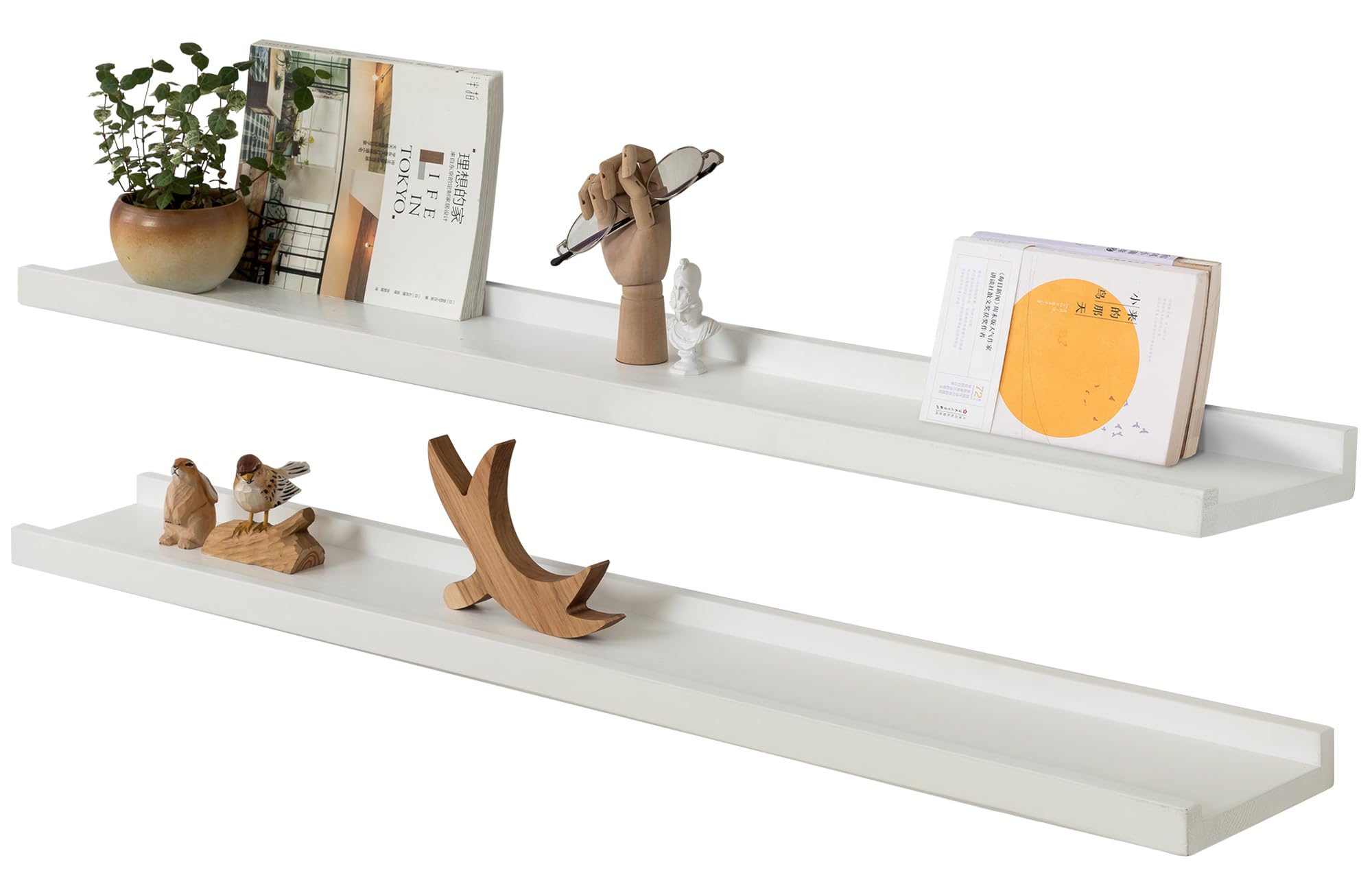 Gieanoo White Floating Shelves, Solid Oak Wood 90cm Picture Ledge Set of 2 Spice Racks Wall mounted with lip Display Shelf Decorative Wall Shelves For Living Room, Kitchen, Bedroom,Hallway — image 1