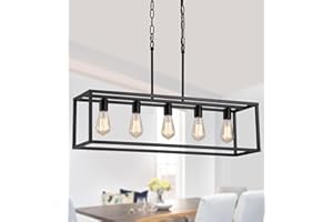 AMZASA Black Rectangle Kitchen Island Lights Rectangular Modern Industrial Chandelier for Dining Room 5 Lights Linear Vintage Cage Light Fixtures UL Listed