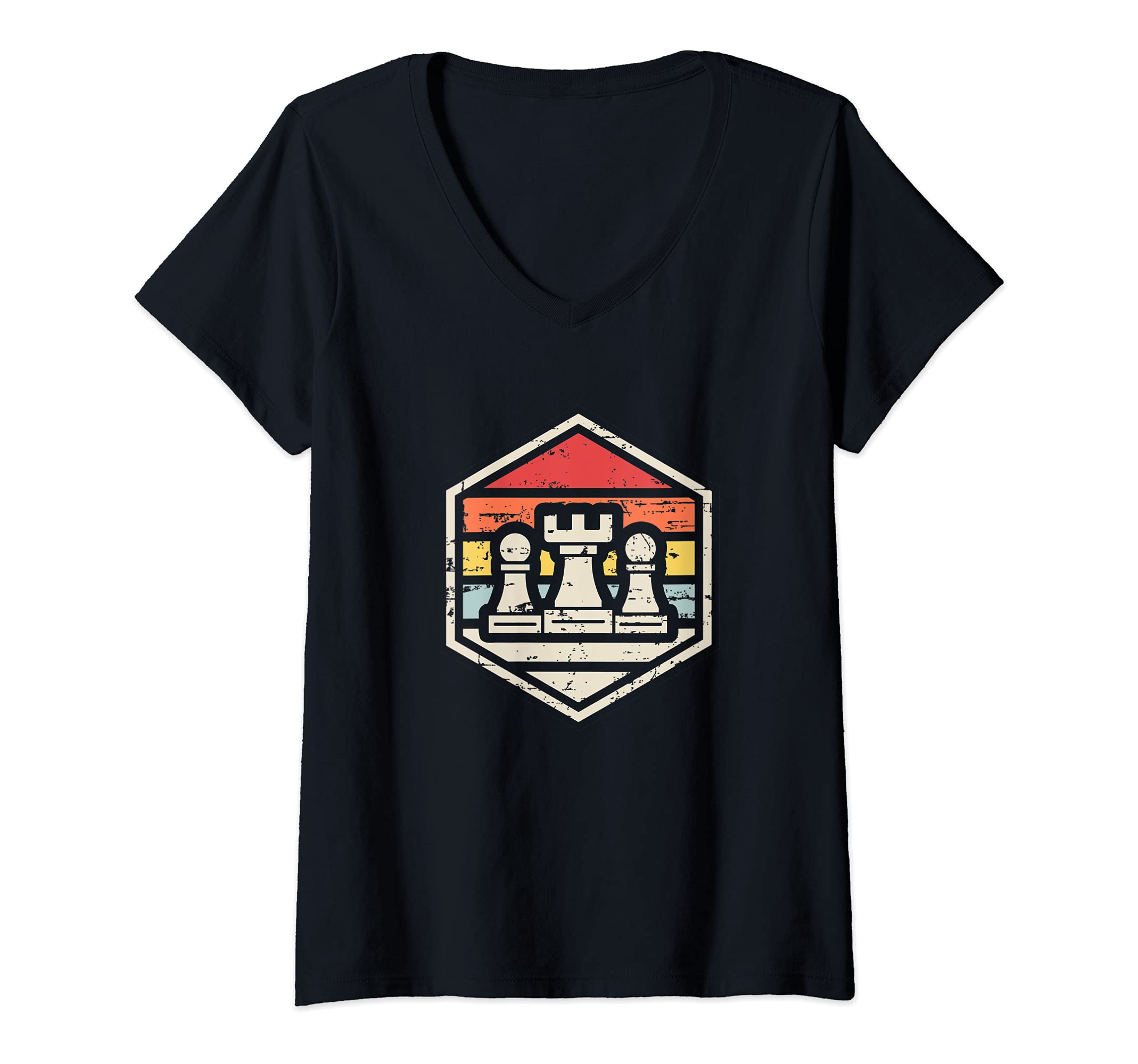 Womens Retro Badge Chess Rook | 80s chess V-Neck T-Shirt