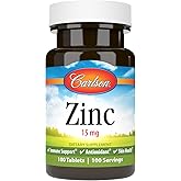 Carlson - Zinc, 15 mg, Zinc Supplement, Zinc Gluconate, Immune Support & Skin Health, Zinc Tablets, Antioxidant, Zinc Capsules, 100 Tablets