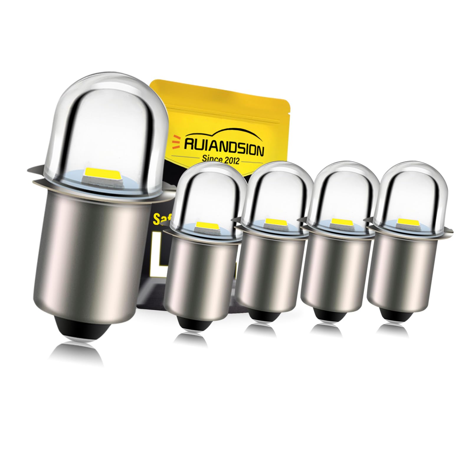 Ruiandsion Upgrade LED Flashlight Bulbs P13.5S Base Socket White LED Bulbs 3V Replacement for Headlamp Flashlight Torch Lights,Non-Polarity (Pack of 5)