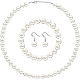 Aurelema 4 Pcs Faux Pearl Costume Jewelry Set for Women Birthday Gifts Wedding 1920s Simulated Necklace Bracelet Earrings