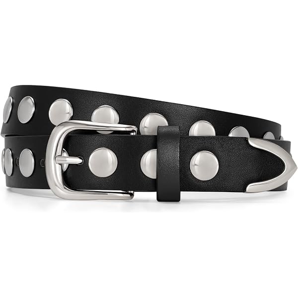 Snap On Silver Star and Circle Studded Cowhide Leather Belt  display picture 1