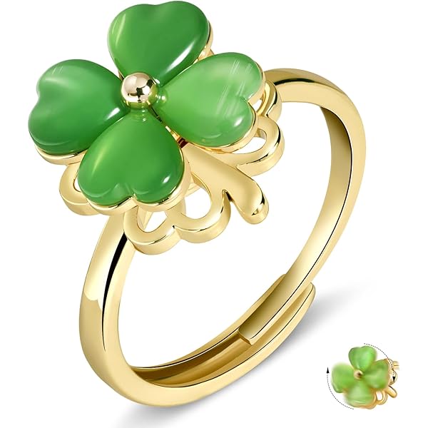 Green Four Leaf Clover Spinner Ring Cubic Zirconia Love Heart Cat Eye Stone Flower Stacking Adjustable Open Statement Relief Stress Fidget Finger Bands Wedding Rings Dainty Good Luck Jewelry For Women