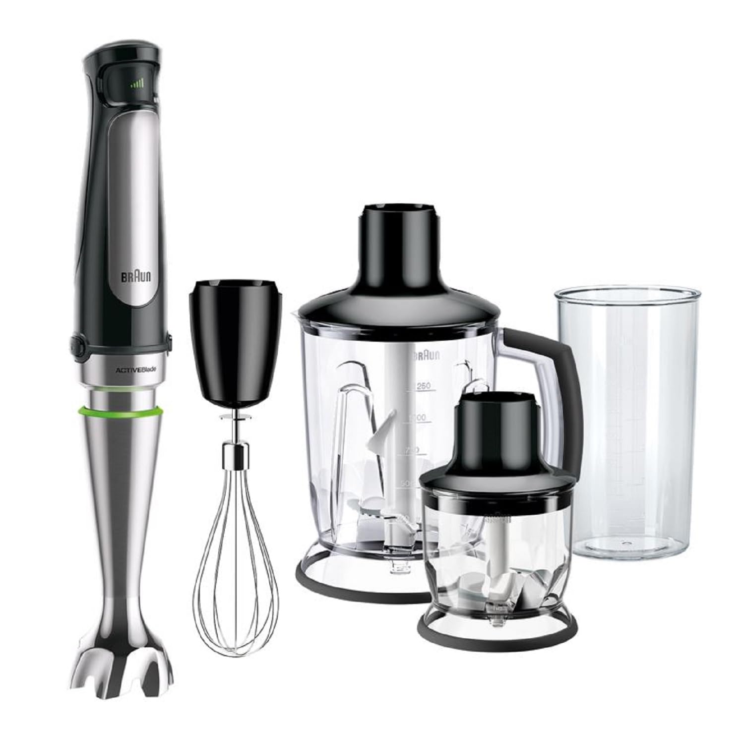 Braun MultiQuick 7 - Stabmixer mit SplashControl-Technologie, ActiveBlade System, Präzise Geschwindigkeitsregelung, 1,25L Standmixer, Zerkleinerer, Schneebesen, 600 ml Becher, 1000W, Schwarz (MQ7045X)