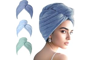 AGKXHDEC 3 Packs Single Layer Microfiber Hair Turbans - Drying Wrap for Women (Dark Blue,Light Blue,Light Green)