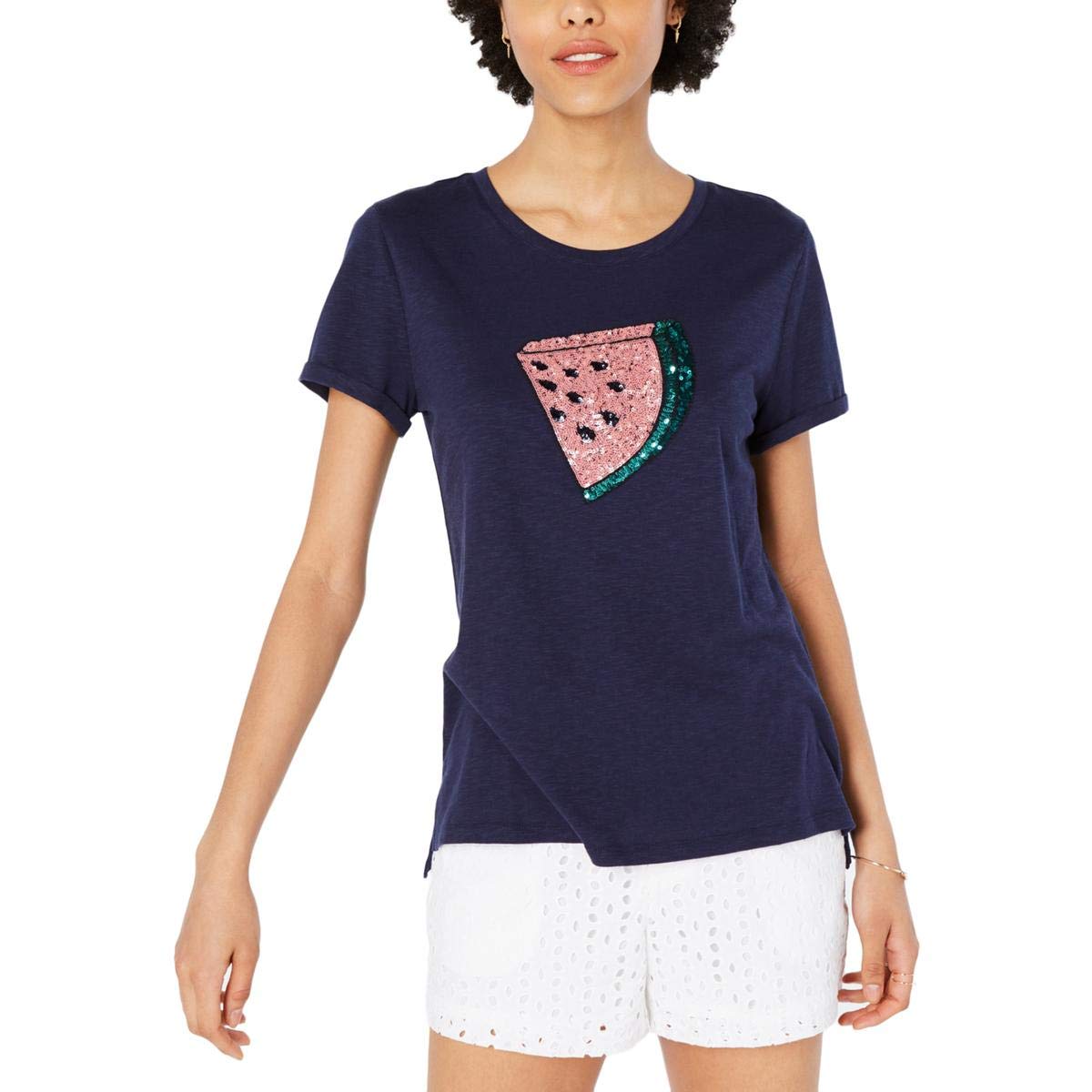 Buy Maison Jules Womens Watermelon Sequined Graphic Knit Top Navy XS at