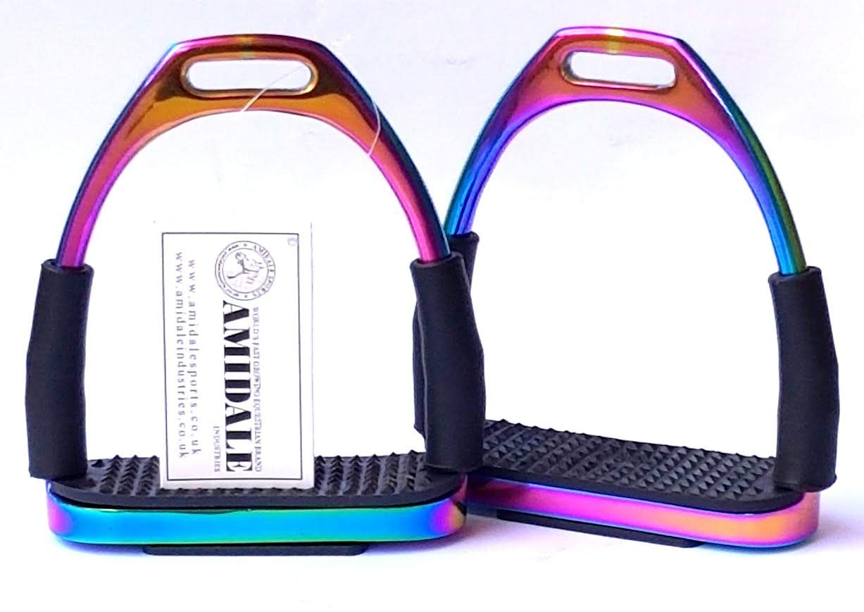 Amidale RAINBOW FLEXI SAFETY STIRRUPS HORSE RIDING BENDY IRONS S. STEEL BNWT 4.00 INCHES AND 4.75 INCHES (4.00 INCHES)