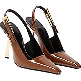 THESHY Women's Slingback Stiletto High Heels Square Toe Metal Buckle Pumps Backless Patent Leather Fashion Dress Shoes for Women Brown