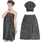 SUNLAND Women Hair Drying Towel and Microfiber Bath Towel Wrap,Adjustable Soft Body Wraps Dress with Hair Towels, Super Absorbent to Quick Drying 32 Inch x 60 Inch Dark Grey
