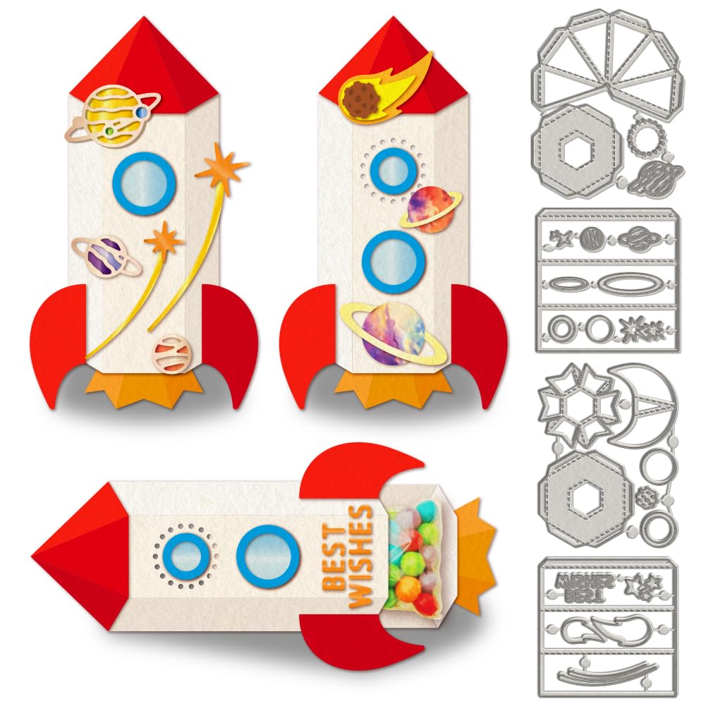 WADORN 4Pcs 3D Rocket Candy Box Metal Cutting Dies, Space Universe Carbon Steel Cutting Dies Stencils for Birthdays Party Invitation Card Spaceflight Cutting Embossing Stencil for DIY Scrapbooking