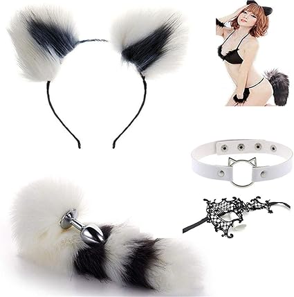 Amazon Com 4 Piezas De Juguetes Blancos Negros Special B T T P L G Juego De Rol Cola De Zorro Con Cuello Orejas De Gato Diadema Fiesta Halloween Health Personal Care