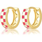 Small Checkered Hoop Earrings, Multicolor Enamel Hoops Earrings for Women, Tiny Round Circle Huggie Hypoallergenic Earrings Piercing Jewellery Gift for Women