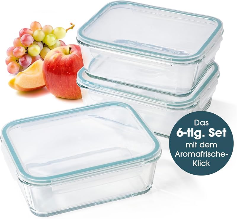 Klick-It - Fiambreras de cristal (3 unidades, 1,6 L, apto para lavavajillas, microondas y congelador)