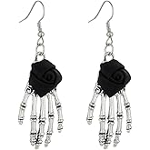 Agriajun Gothic Halloween Silver Skeleton Hand Red Black Rose Earrings for Women, Goth Punk Skull Hook Earings Costume Accessories Prom Fashion Gift