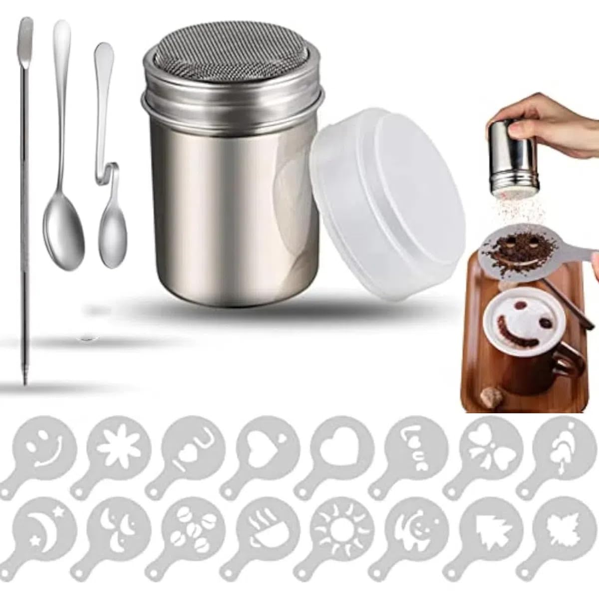 Generisch 20 Pieces Coffee Decoration Stencils Set - 1 Piece Stainless Steel Powder Shaker with 16 Pieces Coffee Stencils Latte Art Pen, Cocoa Shaker, Coffee Stencil, Spoon