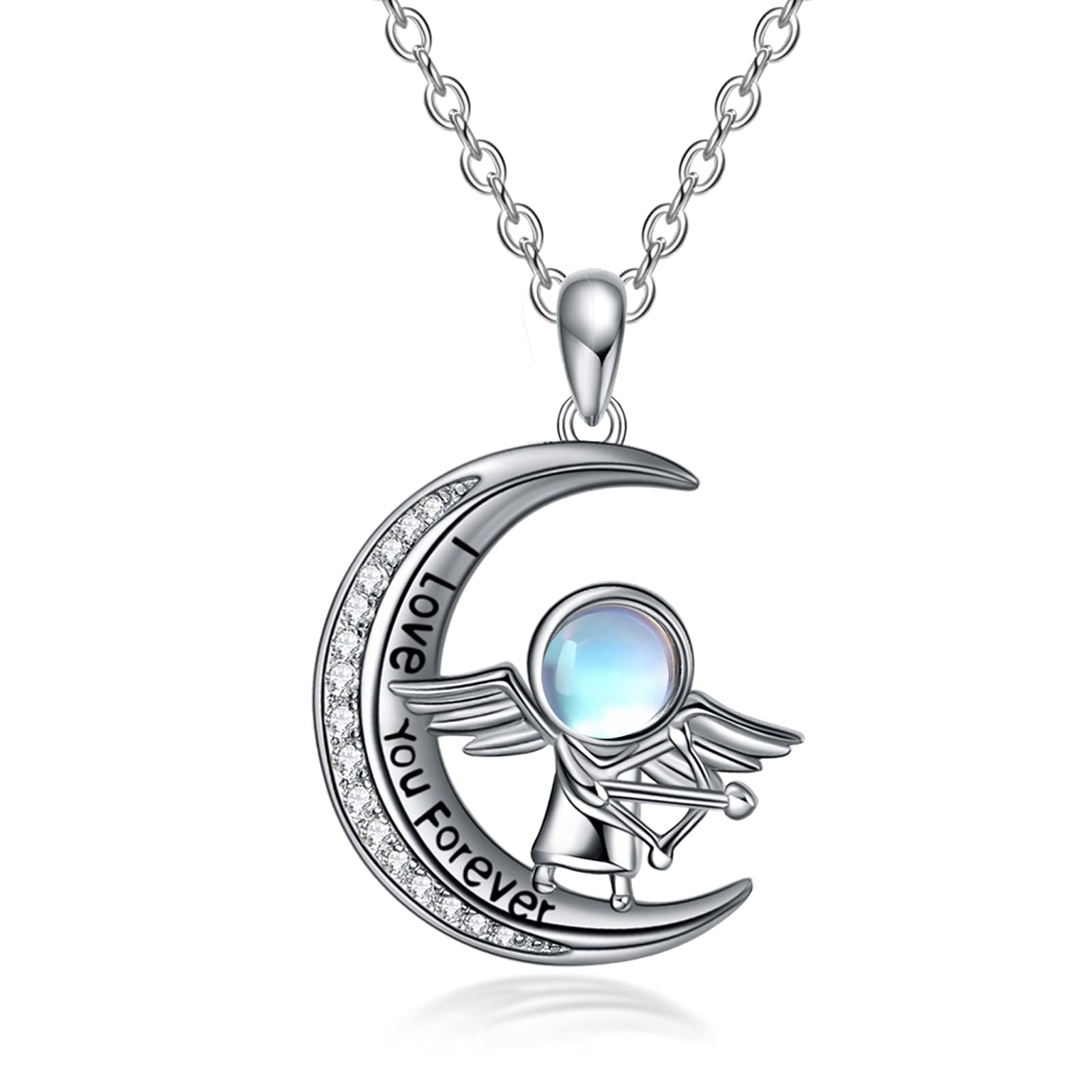 URONE Moon Gifts Pendant Necklace for women Sterling Silver Cupid Love God Jewellery with Moonstone Angel Gifts for Wife Mum Girlfriend