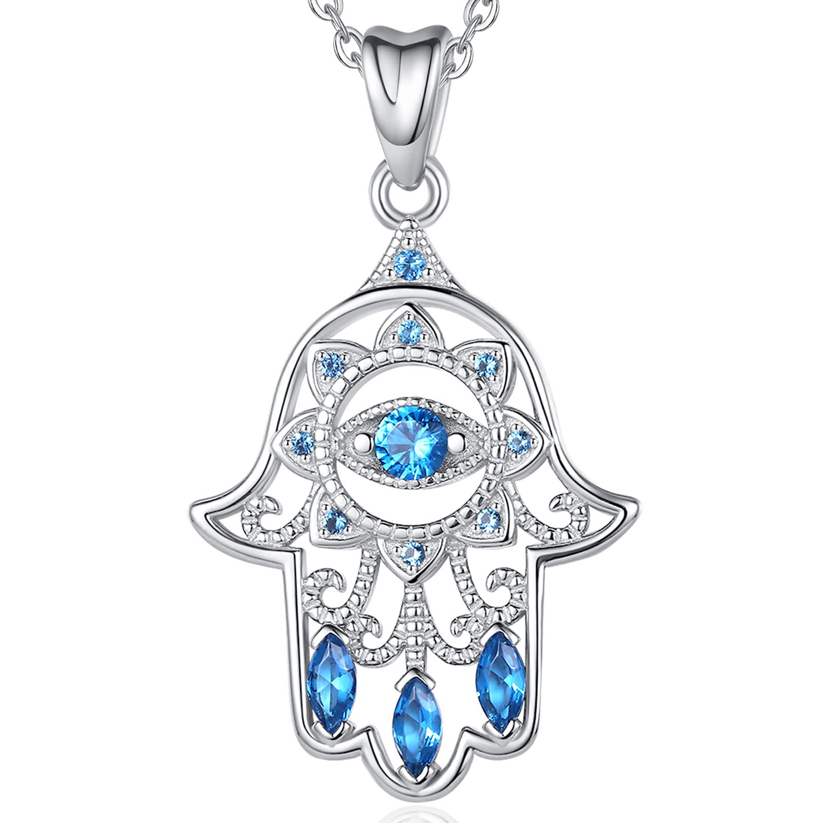 EUDORA Hand of Fatima Necklace for Women 925 Sterling Silver with Blue Evil Eye Cubic Zirconia Pendant Necklaces for Girl Sisters Lucky Jewelry Gift, 45CM