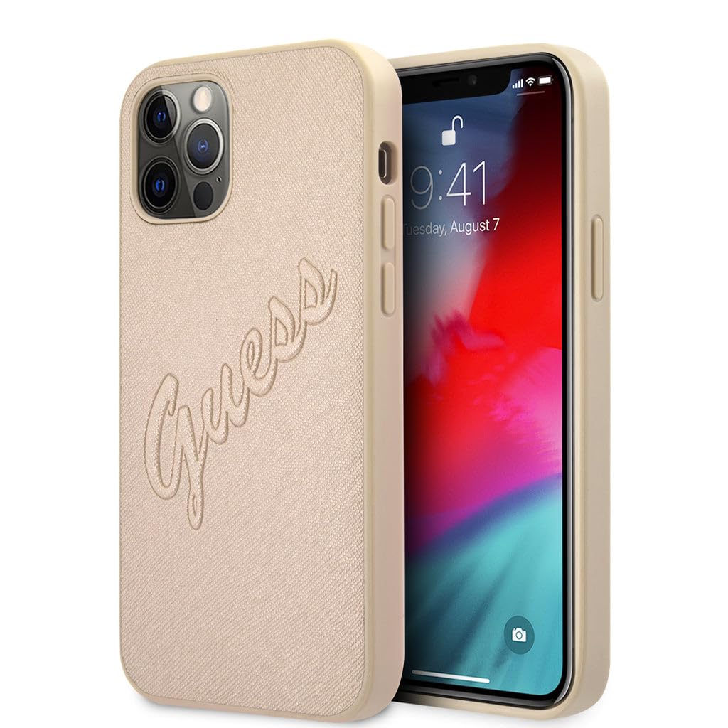 Guess GUHCP12LRSAVSLG Case for iPhone 12 Pro Max 6.7 Inch Golden Saffiano Vintage Script