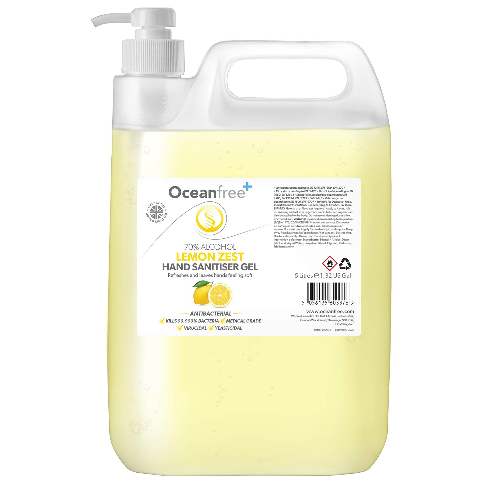 Lemon Zest Hand Sanitiser Gel - 5L Litre with Pump - 70% Alcohol - Made in the UK (Single)