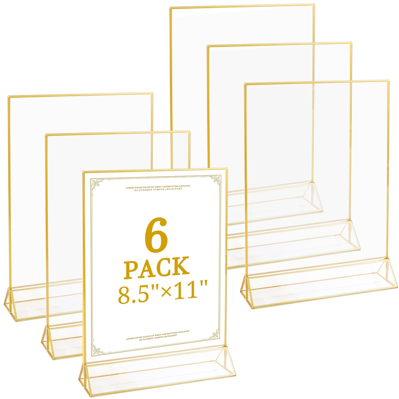 Photo 1 of Floroom 6 Pack 8.5x11 Inch Clear Acrylic Sign Holders, Double-Sided Gold Display Stand Picture Frames for Table Numbers, Menus, Flyers, Weddings, and Offices