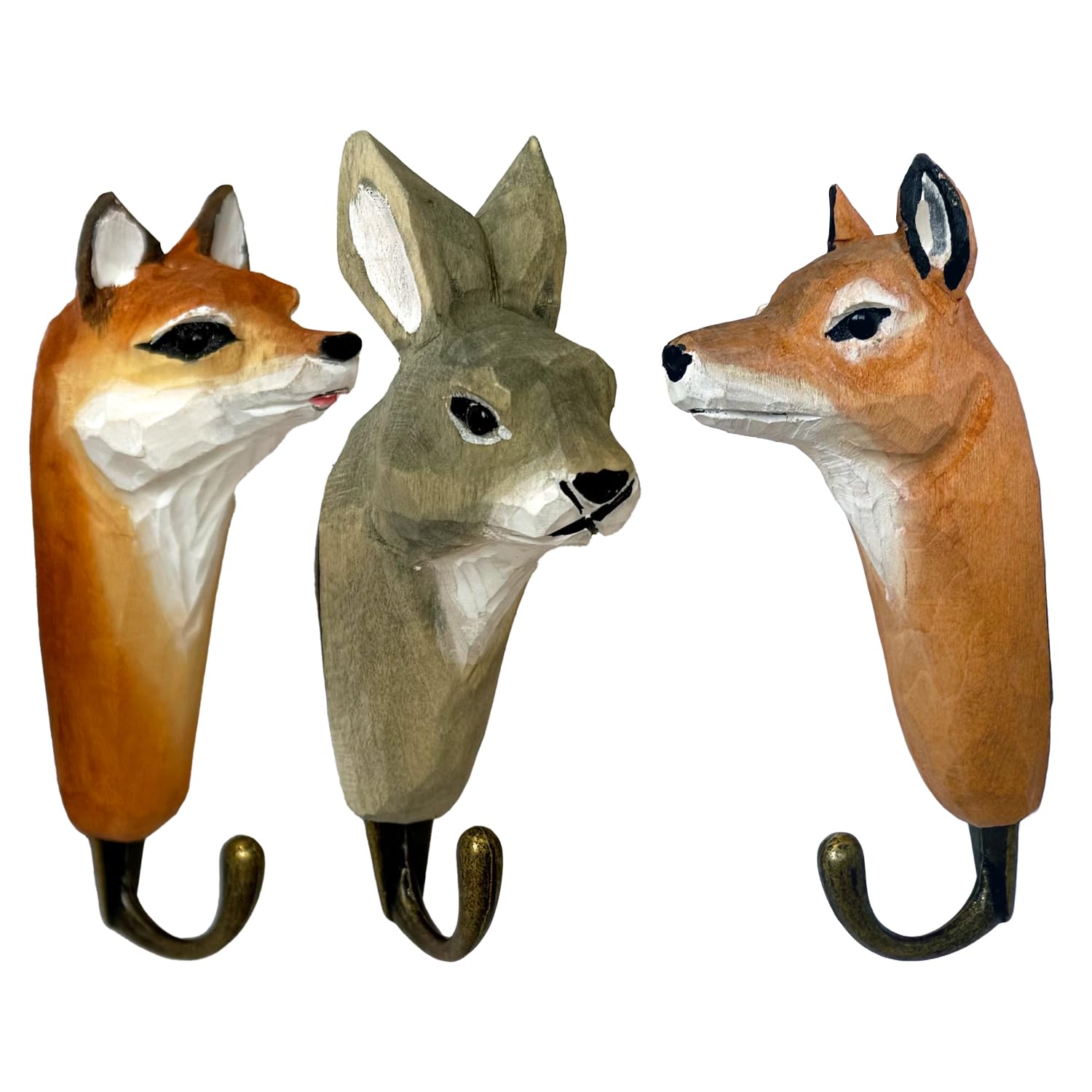 your castle 3 Wall Hooks/Coat Hooks, Made of Wood, Forest Animals: Deer, Fox and Rabbit, with Metal Hooks Handmade