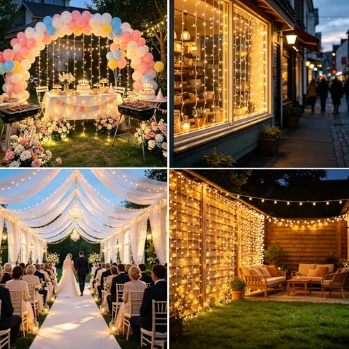 Dekofun Pack of 2 3 x 3 m 300 LED Curtain Lights with Socket, Timer, 8 Modes, IP65 Waterproof Waterfall Lights for Outdoor Indoor Balcony Garden WeddingTerrace, Warm White