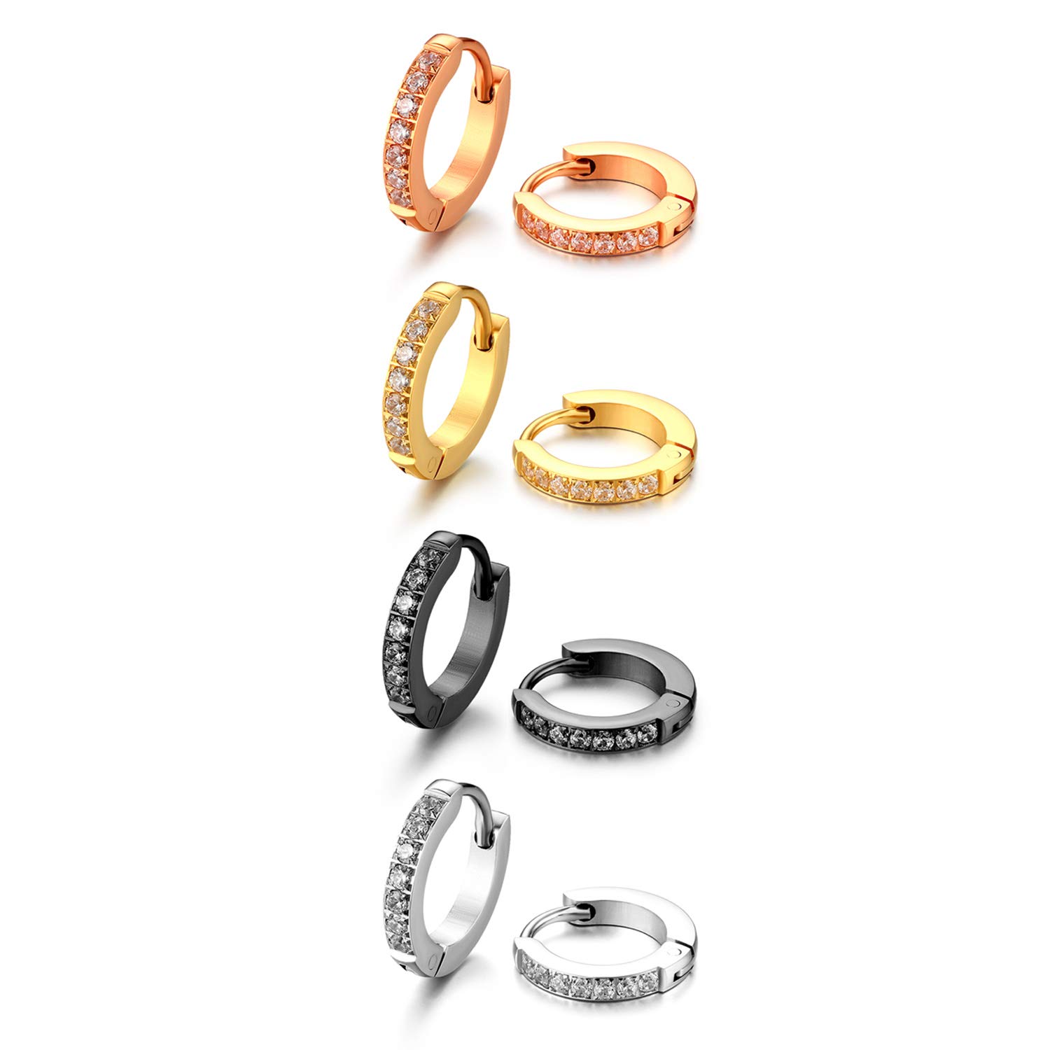 4 Pairs 13MM CZ Inlaid Small Hoop Earrings for Men Women,Cupimatch Stainless Steel Ear Piercings Huggie Earrings Jewelry set