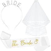 KICOSY Silver Bride Tiara with White Veil & Gold Letter Satin Sash for Wedding, Bachelorette Party, Engagement Event