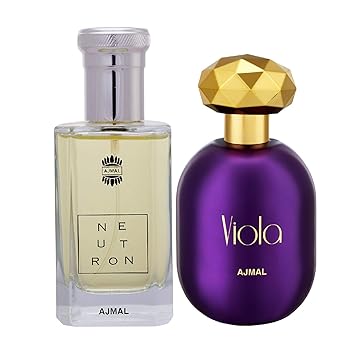 Ajmal Neutron EDP Citrus Fruity Perfume 100ml for Men and Viola EDP Fruity Floral Perfume 75ml for Women + 2 Parfum Testers FREE