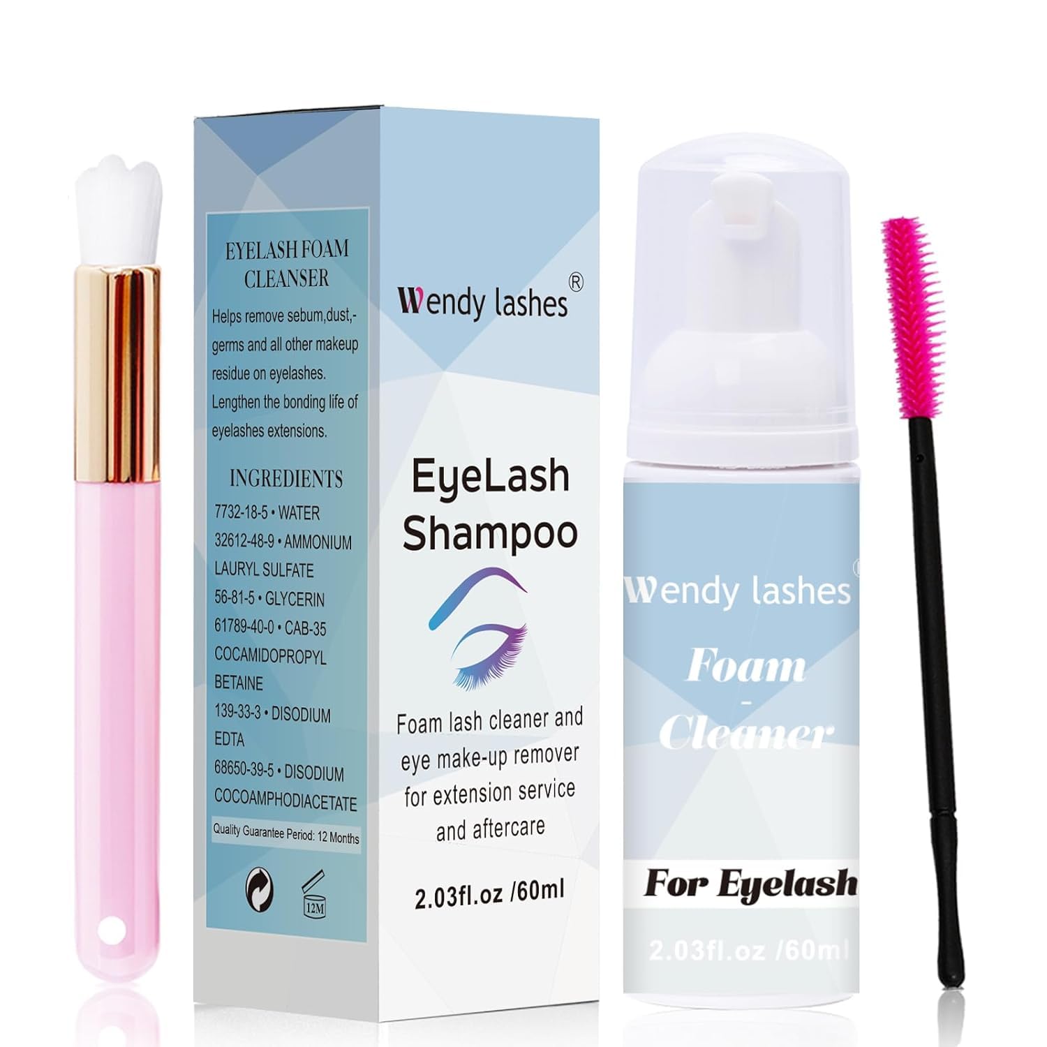 Eyelash Shampoo for Eyelash Extension Cleanser 60ml Eyelash Foam Cleanser Lash Cleanser Makeup Remover with Soft Brush and Eyelash Mascara Wand(Lash Shampoo-60ml)