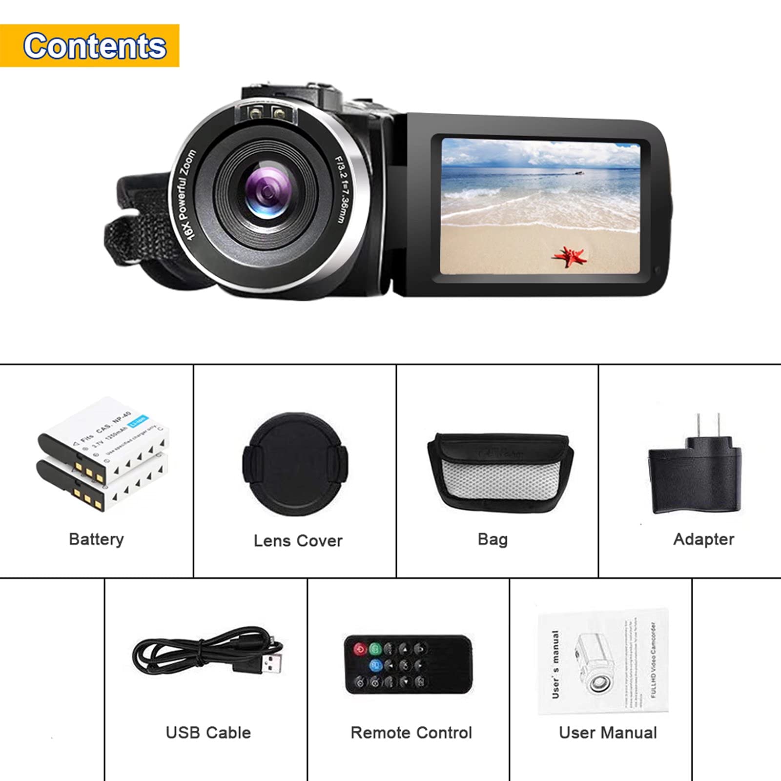 Video Camera Camcorder Full HD 1080P 30FPS 24.0 MP IR Night Vision Vlogging Camera Recorder 3.0 Inch IPS Screen 16X Zoom Camcorders Camera Remote Control with 2 Batteries