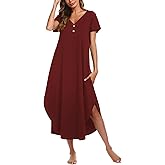 Ekouaer Long Nightgowns for Women Button Night Gowns Short Sleeve Sleepwear Full Length Sleep Shirts With Pockets S-2XL