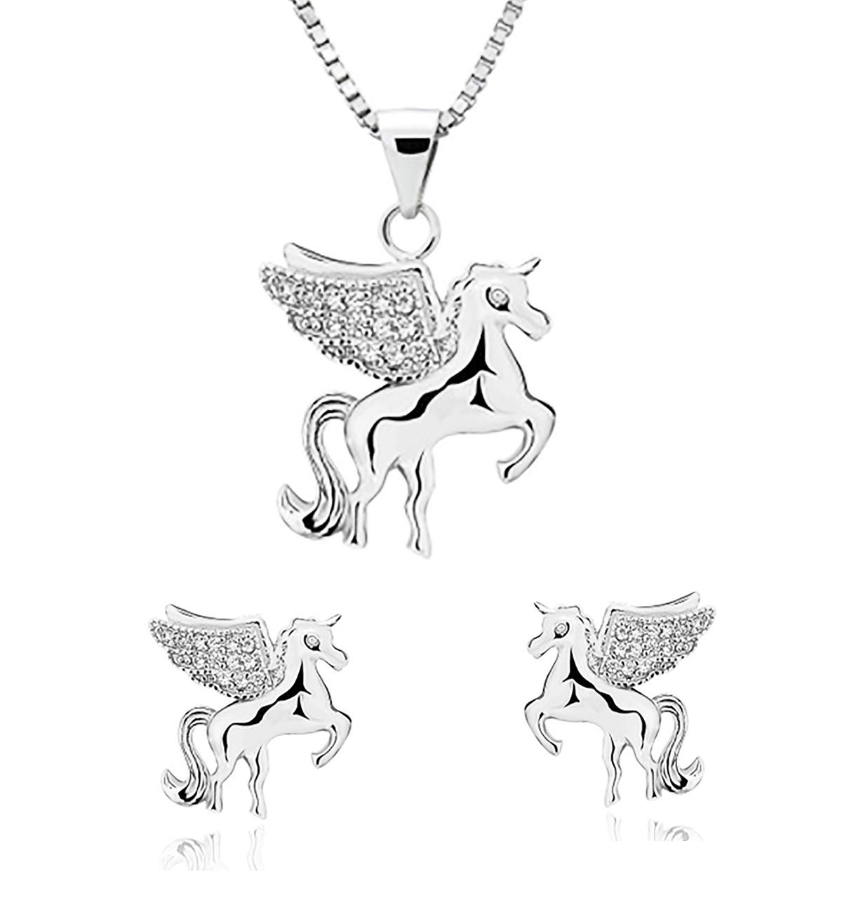 Kaguyo Jewellery Set for Women - Sterling Silver Pave Clear Zirconia Unicorn Pendant Necklace with Cute Silver Earrings for Women, Jewellery for Women and Girls Birthday Gift