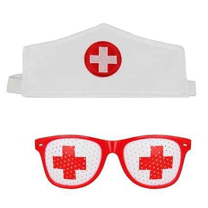 Partybob Krankenschwester Kostüm Set - Haube + Rasterbrille