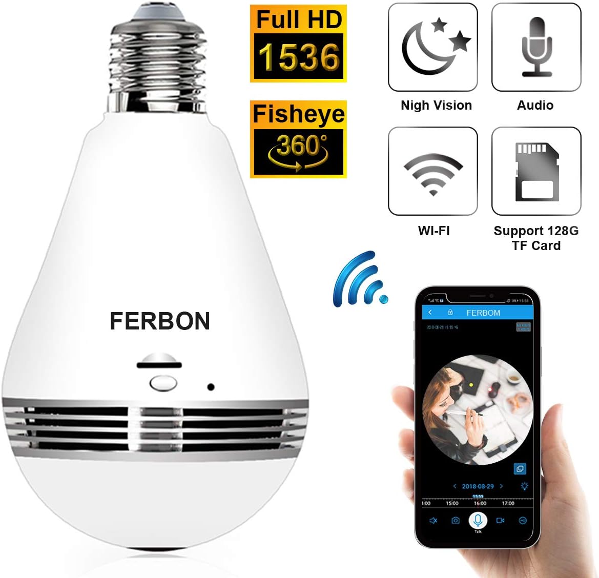 Light Bulb Camera 3MP 1536P Panoramic Camera, IR Motion Detection Cloud Service Wireless WiFi IP Security Surveillance System with Infrared Night Vision, Two Way Audio for Indoor, Home๏ผBaby