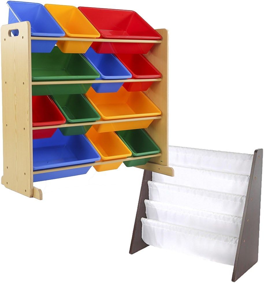 Tot Tutors Bundle Includes 2 Items Kids' Toy Storage Organizer with 12 Plastic Bins, Natural/Primary (Primary Collection) Kids Book Rack Storage Bookshelf, Espresso/White