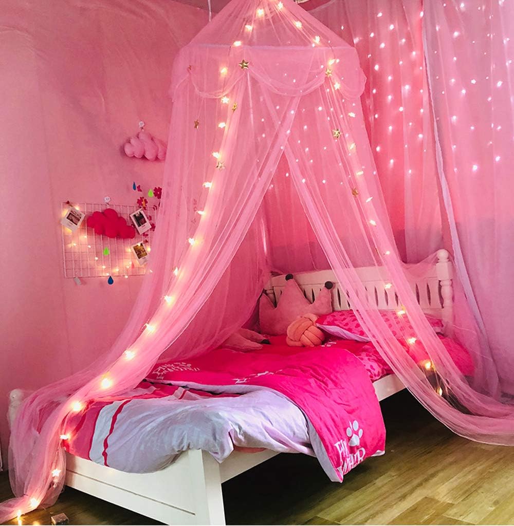 Nattey Princess Bed Canopy Curtain Mosquito Net with Gold Star for Girls Kids Bedroom Decoration Fit for Twin Single Full Queen Size(Pink): Home & Kitchen
