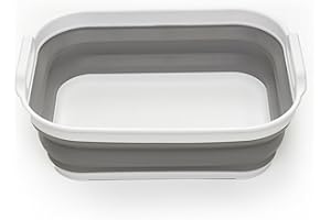 SAMMART Collapsible Washing Tub with Handle 13L (3.4 Gallon) - Portable Outdoor Picnic Basin – Foldable Space Saving Storage Container for Dishing, Camping & Home (White/Grey)