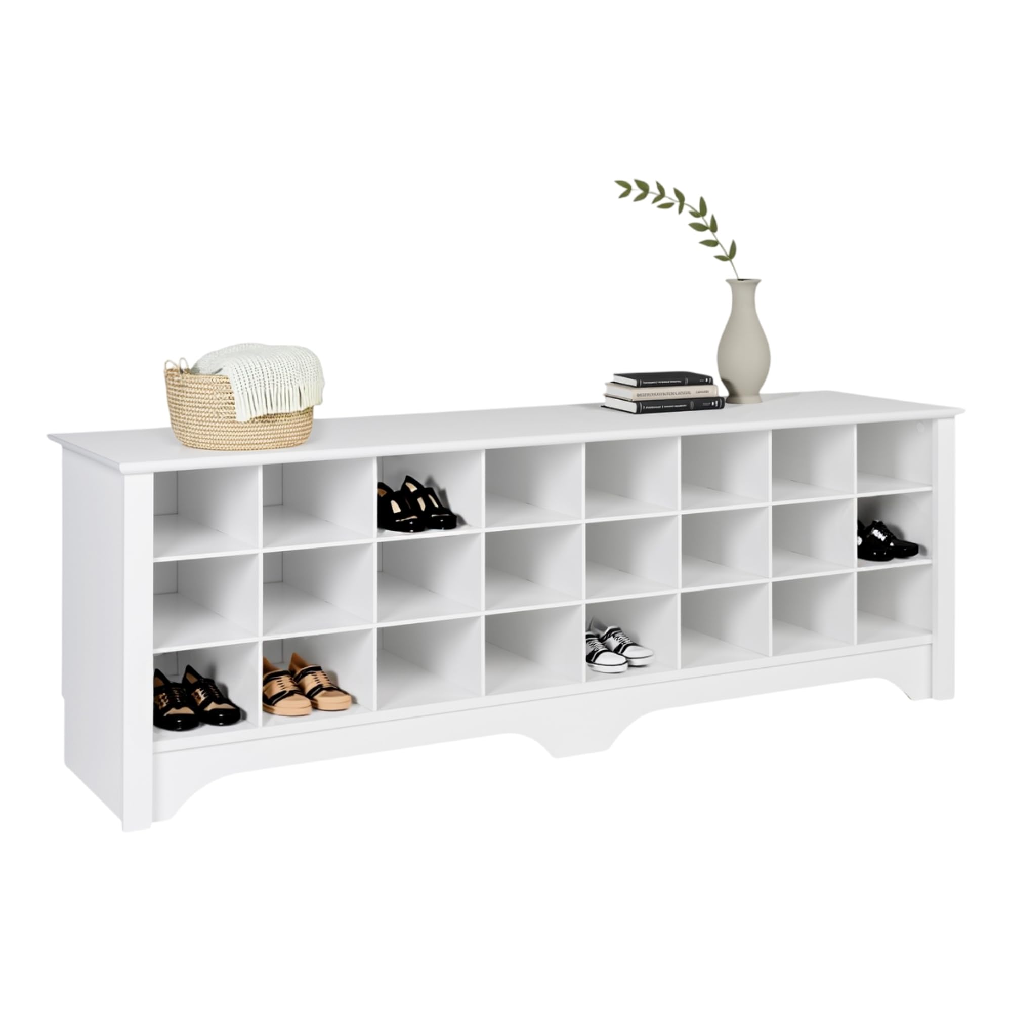 Photo 1 of Prepac White Hall Bench with Storage and Seating: 24-Shoe Cubby Bench, Ideal White Shoe Rack for Entryway, Sized 15.5" D x 60" W x 20.25" H