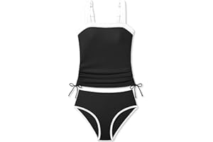 Queenstyle Teen Girls Tankini Swimsuit 2 Piece Bathing Suit Color-Block Drawstring Girls' Swimwear for 9-16 Years