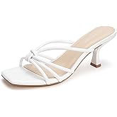 LOOPCHARM Women's Strappy Square Open Toe Kitten Heels Sandals Knotted Design Summer Fashion Slip On Mule Style