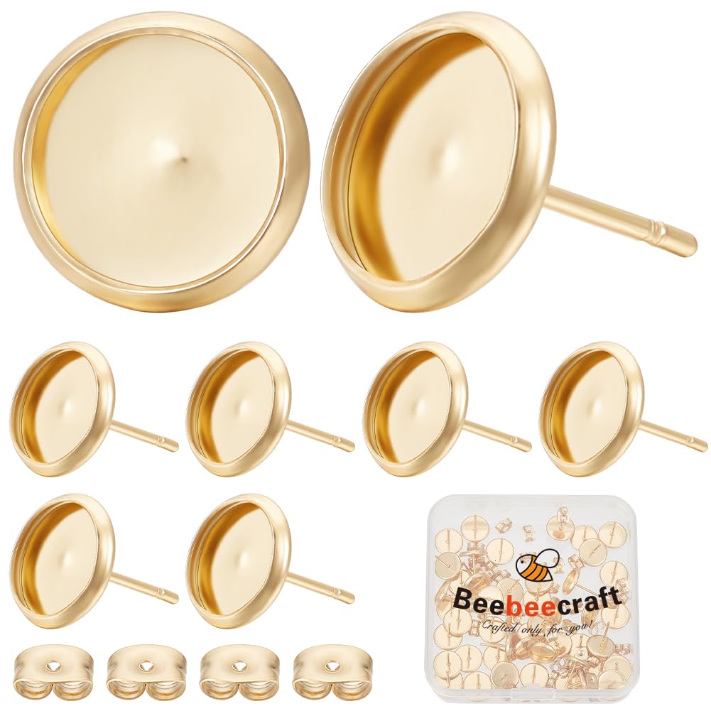 Beebeecraft 1 Box 50Pcs Post Stud Earring Findings 18K Gold Plated Round Prong Blank Earring Cabochon Settings with 8mm Tray and 50Pcs Ear Nuts for DIY Earrings Jewelry Making