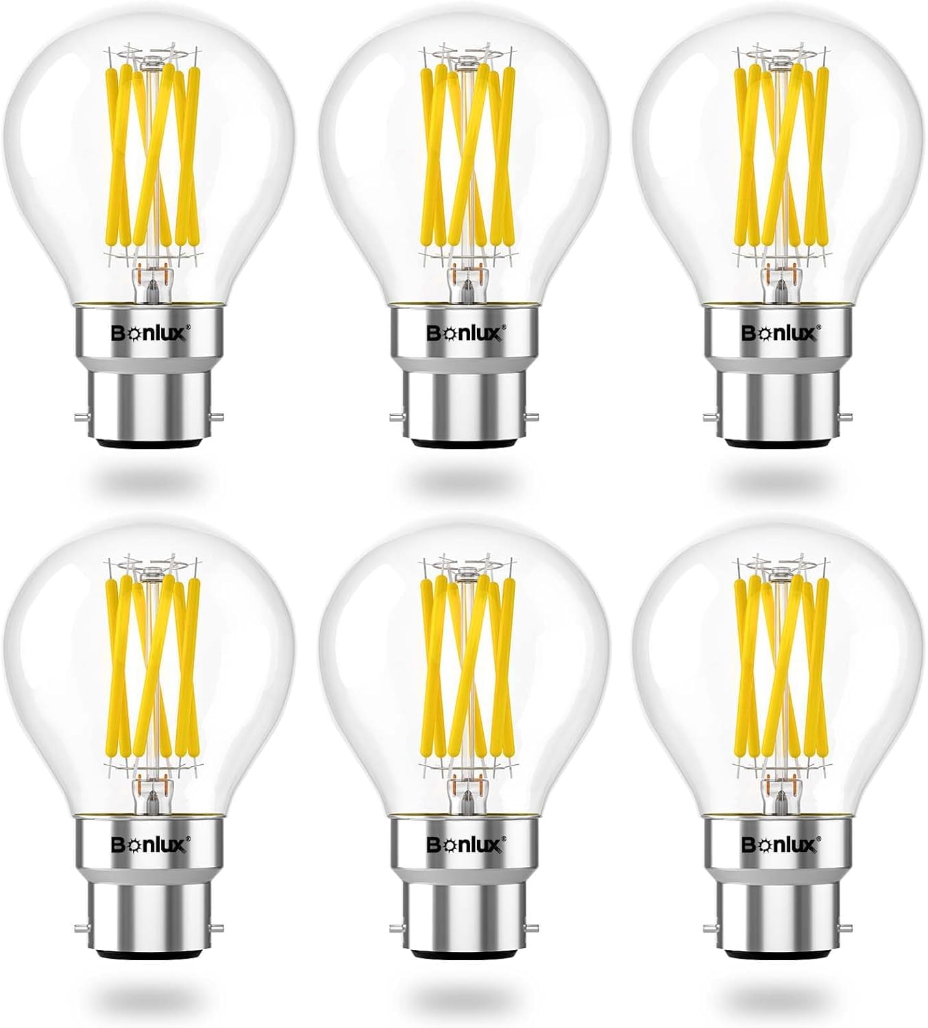 Bonlux 6pack B22 Bayonet LED Light Bulbs Dimmable 6W B22 LED Bulbs 60W Equivalent 2700K Warm White G45 Golf Ball Bulb GLS Energy Saving BC LED Filament Bulb Clear Glass for Chandelier,Table Lamp