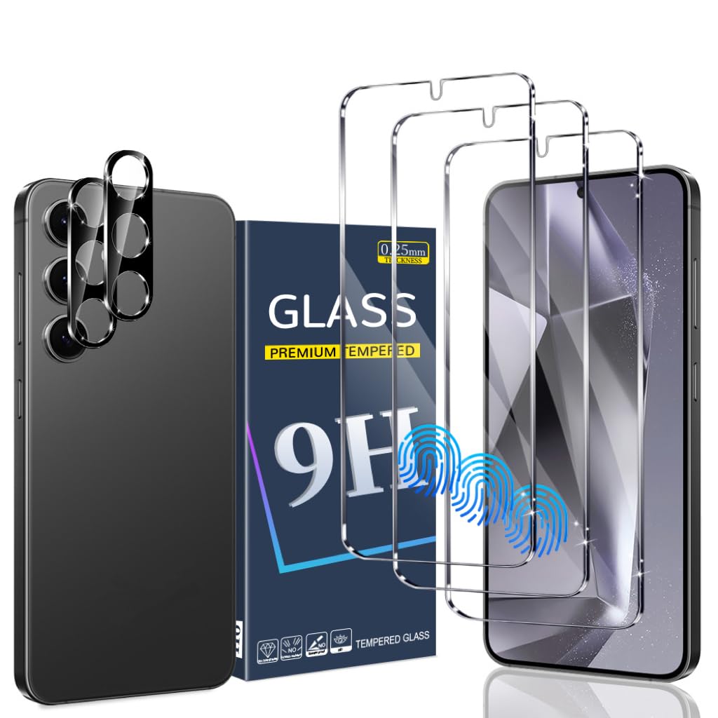(3+2 Pack) Galaxy S24 Screen Protector 6.2 Inch and Camera Lens Protector, 9H Hardness Tempered Glass, HD Clear, Easy To Install, No Bubbles, Support Fingerprint Unlock, for Samsung Galaxy S24