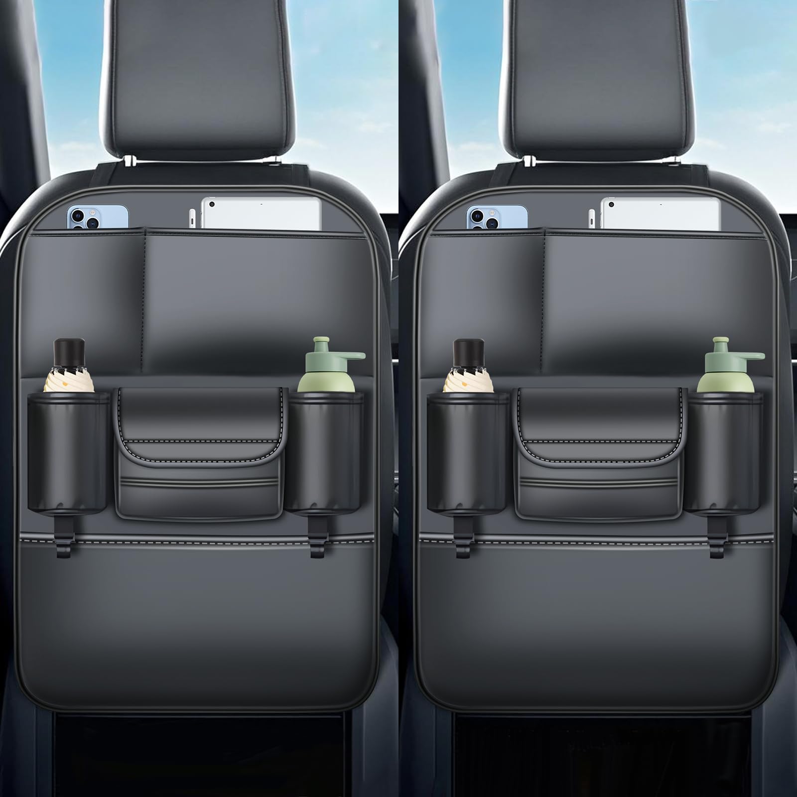 Photo 1 of DGXWLLW Backseat Car Organizer Leather Back of Seat Car Organizers for Drivers with Large Capacity 6 Storage Pockets Waterproof Kick Mats Seat Back Protector for Tesla Model Y 3 X S Cybertruck, 2 Pack